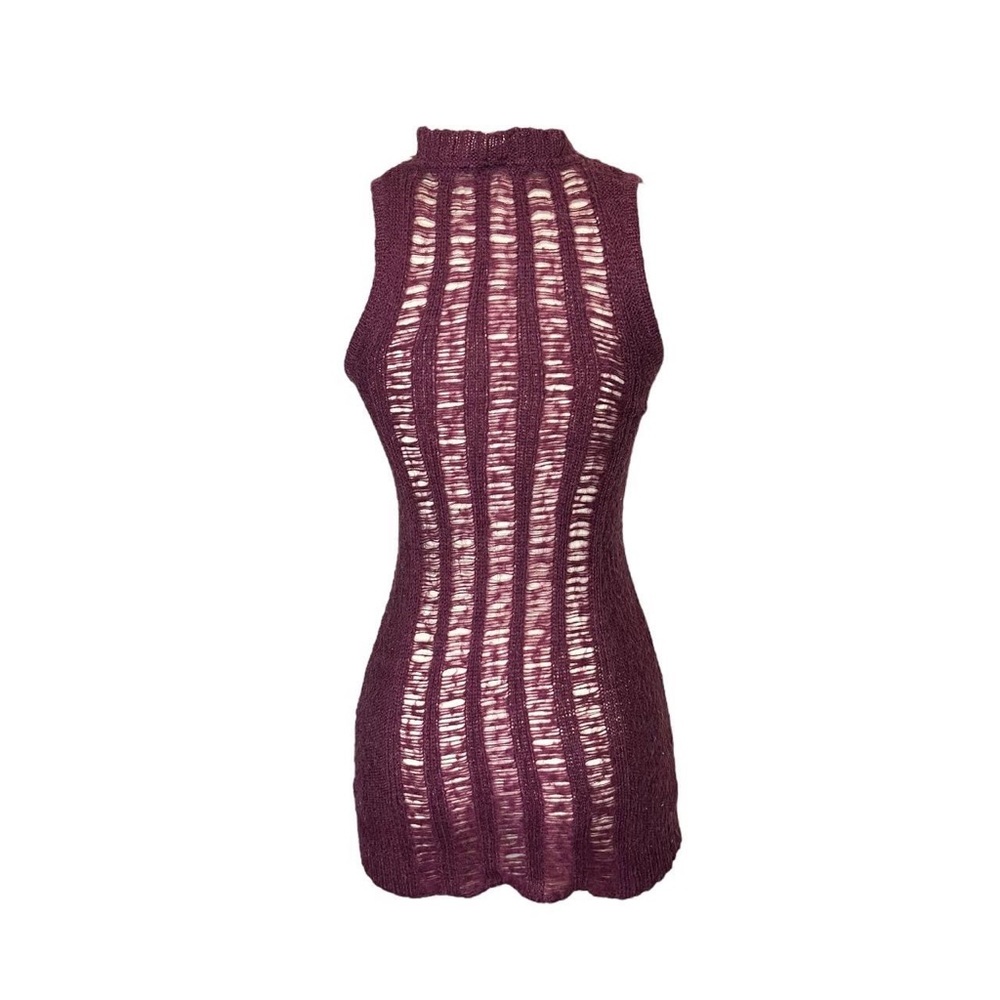 Distressed Knit Top Purple Open Loose Knit Sheer Mock Neck Size Small